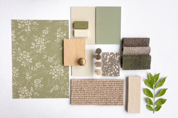 Interior Design Material Sample Board with Fabrics, Terrazzo, Wood, and Wallpaper for Home...