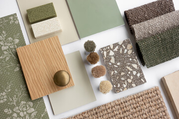 Interior Design Material Sample Board with Fabrics, Terrazzo, Wood, and Wallpaper for Home Decoration Mood Board Concept