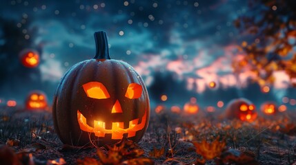 Halloween Night with Glowing Jack-O'-Lanterns in a Spooky Forest Setting