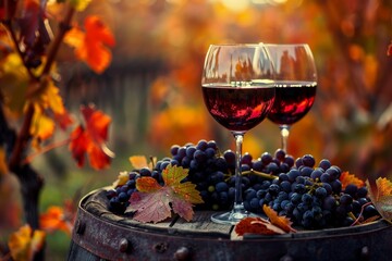 Red wine in glasses on old barrel with grapes against background of vineyard. Winegarden, harvest concept, isabella grape