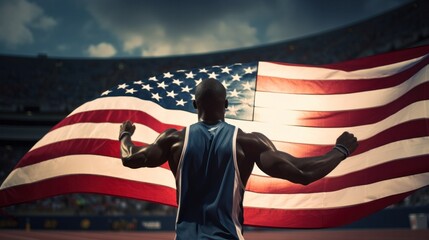United States Olympic athletes wearing American flags celebrate victory on the track. victory day