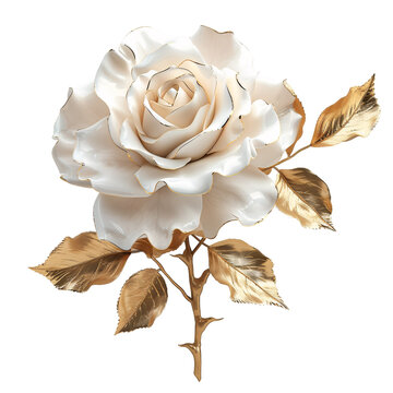 A beautiful white rose with gold leaves on an isolated background