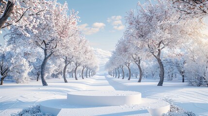 Obraz premium Winter Wonderland Orchard with Empty Podium for Product Showcase