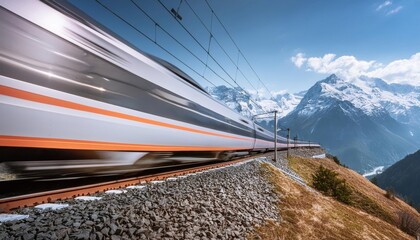 Obraz premium A tech subway train moving through a mountain pass, snowy peaks in the distance