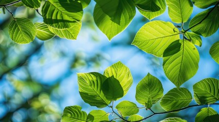 Close up view of bright green tree leaves against clear blue summer sky