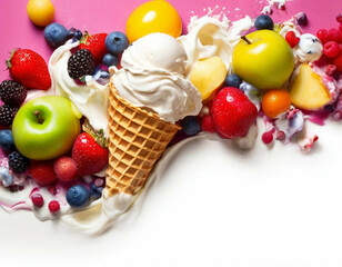 Ice cream background, colourful tasty dessert with fruits, ice, caramel. Seamless frame for cafe menu, restaurant banner, party announsement.