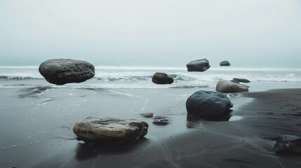 Large Rocks Hovering Over Black Sand Beach During Stormy Day
