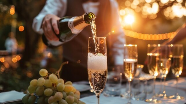 Waiters pour champagne into champagne glasses on an outdoor table. outdoor party