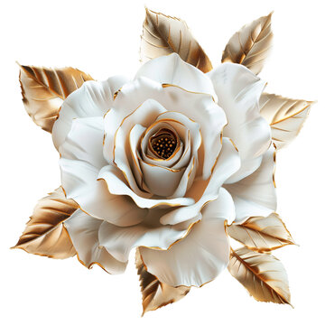 White blooming rose flower with golden leaves on an isolated background