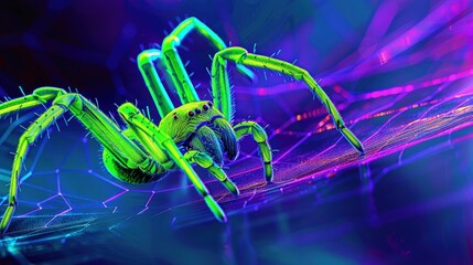 A neon-themed image of a spider in a web, the spider's body depicted in neon green against a stark contrast of deep blue and vibrant purple, enhancing its eerie presence.