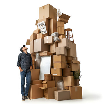 Man is standing next to enourmous stack of moving cardboard boxes and furniture. Moving out concept. Skyscraper size pile of stuff