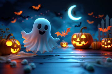 Fototapeta premium Cute ghost floating over a wooden surface with carved pumpkins and bats flying in a dark night with a crescent moon for halloween background
