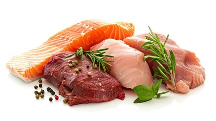 Assorted raw meats: salmon, chicken breast, and beef steak, neatly arranged on a white background
