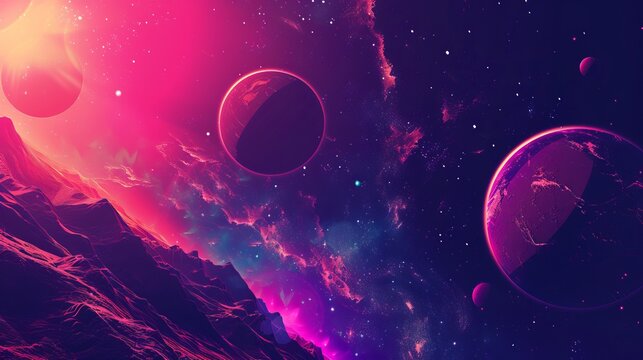 Alien planet and space abstract background with vibrant circles, retro neon psychedelic aesthetic, high-quality stock image for space illustration, ideal for desktop wallpaper design, futuristic and c