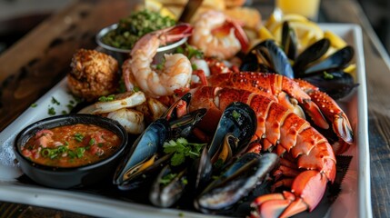 Assorted seafood platter with lobster, shrimp, and mussels, served with dipping sauces