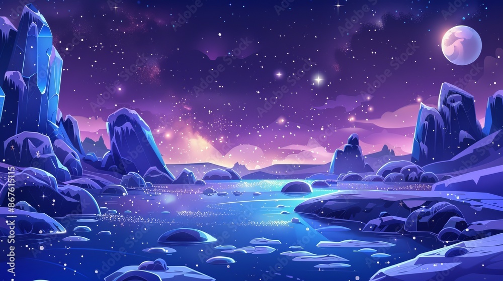 Wall mural extraterrestrial alien planet landscape with rocks, frozen pond, and glowing stars under night sky -