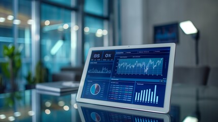 Modern Office Workspace with Statistical Tablet Display