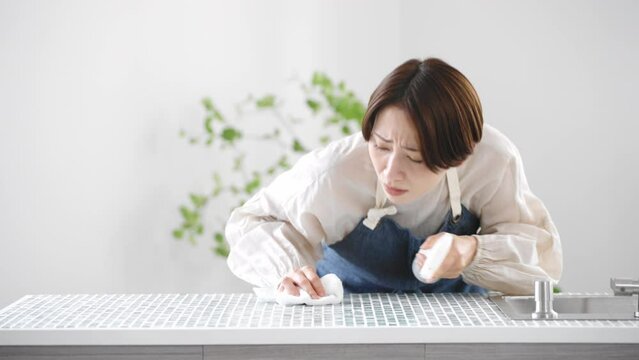 キッチンを掃除するエプロン姿の女性　ライフスタイルイメージ