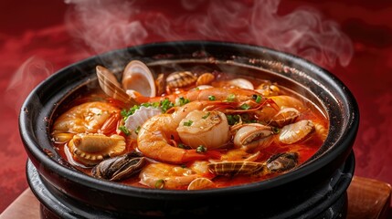 Boiling hot pot of mixed seafood soup, with spicy broth and seafood, isolated on red