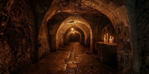 Dark ancient underground passage with arches and candles, stone walls. Medieval castle interior background. 