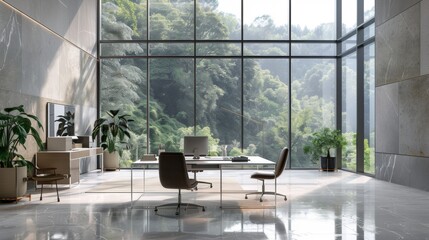 Modern Office Desk With Glass Top and Large Windows Overlooking Lush Green Trees
