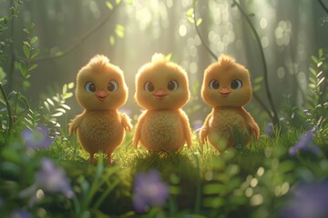 three small yellow baby chicken rest on beautiful forest isolated in blurry background with the sunlight