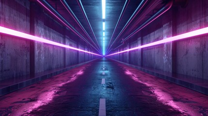 Futuristic empty neon glowing background with high-tech lines and abstract geometric patterns in space, ideal for sci-fi, technology, and digital innovation themes