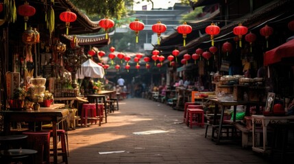 Chinese market street with red lanterns, colorful decorations, and a crowd shopping.