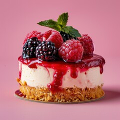 Delicious berry cheesecake with raspberry sauce and fresh mint on pink background. Dessert, sweet, bakery, pastry, confectionery
