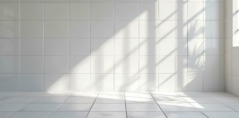 Obraz premium White tile wall background with marble table top, window light shadow for product display mockup or design interior concept of modern kitchen, bathroom and bedroom