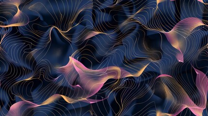 Obraz premium A repeating wallpaper design with dark blue base showcasing gold and pink abstract lines, highlighted with black elements to create a dynamic and contemporary pattern