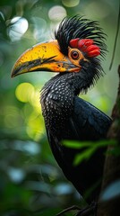 Obraz premium Exotic Black Hornbill with Vivid Yellow Beak