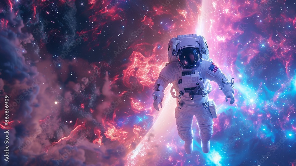 Sticker cosmonaut exploring new worlds in a vast galaxy panorama, discovering a fantasy portal to a distant 