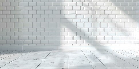 Fototapeta premium White tile wall background with marble table top, window light shadow for product display mockup or design interior concept of modern kitchen, bathroom and bedroom.
