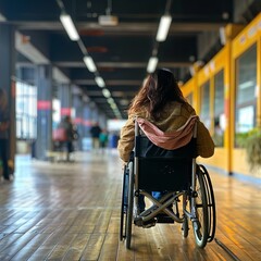 Obraz premium Set of Disabled People On Wheelchairs Using Ramps To Access Buildings, Streets, Transport Or Other Places. Concept Of Accessibility, Inclusion, And Disability Rights. Generative AI