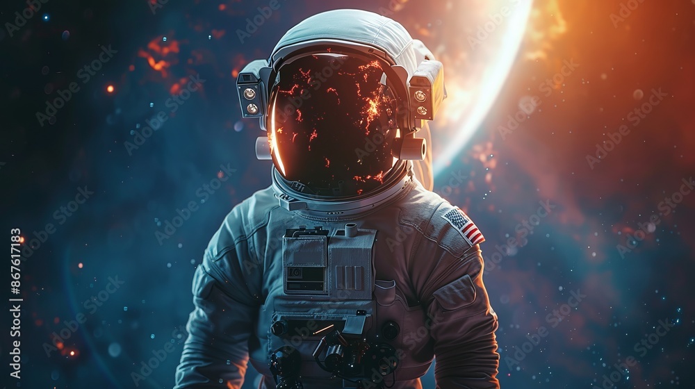 Wall mural space explorer in astronaut suit with moon flare and galactic sky in background, 3d rendering showca