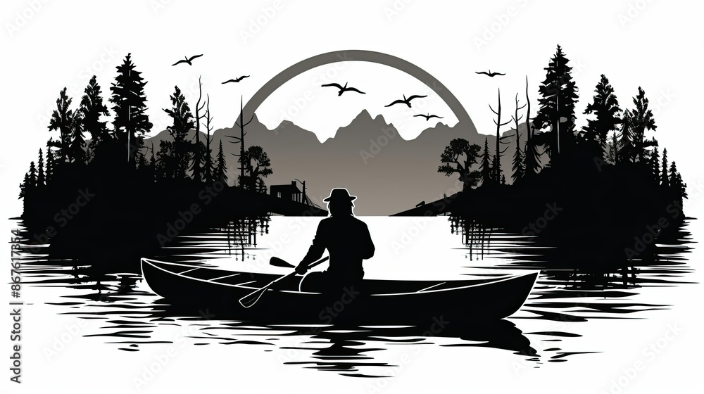 Canvas Prints man in canoe on lake with trees