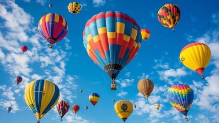 Naklejka premium Colorful Hot Air Balloons Against Clear Blue Sky