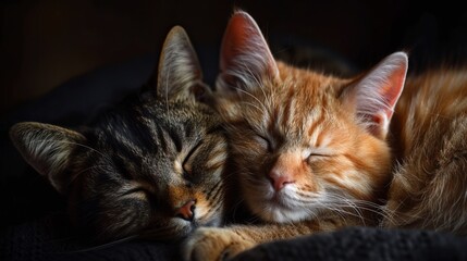 Two adorable cats cuddling together in warm and cozy lighting, creating a heartwarming and tranquil scene perfect for animal lovers.