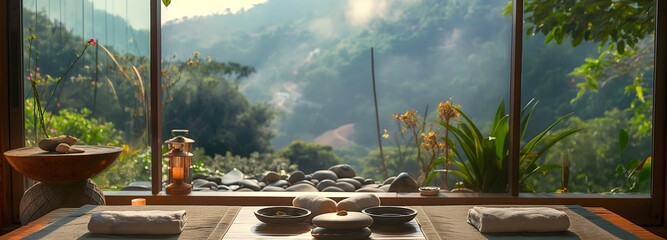 5. Capture the essence of a spa oasis with a panoramic view of polished massage stones, fluffy towels, and ambient candles set against a backdrop of tranquil natural scenery, offering a serene and