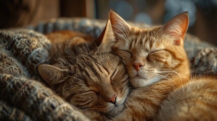 Two adorable tabby cats snuggling together on a cozy blanket, epitomizing warmth, comfort, and companionship.