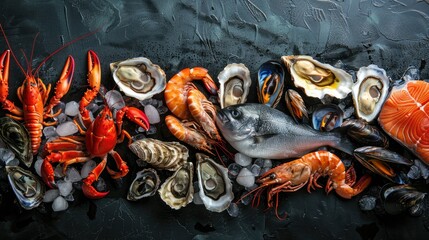 Exquisite seafood assortment featuring fish, crustaceans, oysters, and mussels on black stone