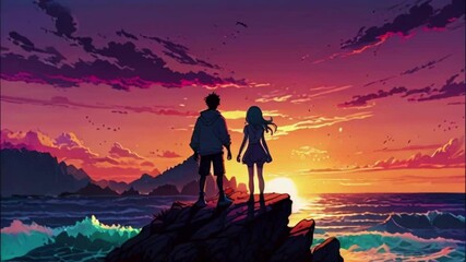 Lofi lovely romantic couple walking, glow love affection Cyan purple colours manga Japanese anime-style 4k lofi hip-hop bites landscape music background animation video
