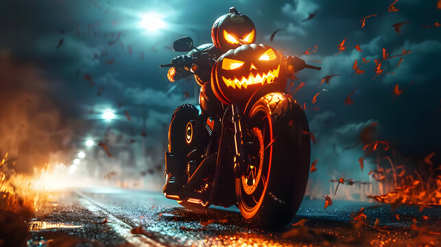 Cool Halloween pumpkin biker riding a fast motorcycle, unconventional Halloween concept. scary pumpkins on motorcycle at night.