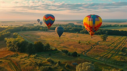 Obraz premium Four hot air balloons fly over a vast green field at sunrise.