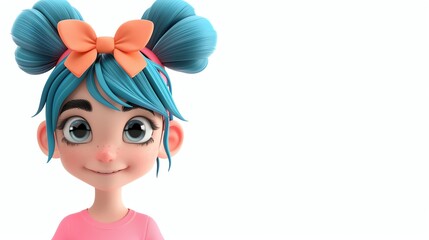 Fototapeta premium A 3D cartoon girl with blue hair smiles at the camera.