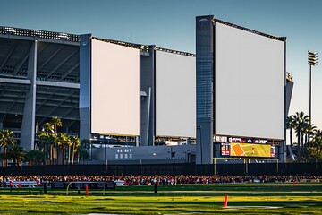 Stout vertical billboards flank a sports arena on game day, fans scattered in the background.
