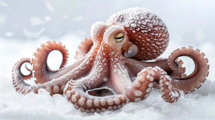 Frozen whole octopus, covered in ice, placed on a plain white surface