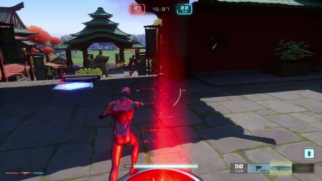 CGI footage of gameplay in third person shooter multiplayer video game, in Chinese temple setting. Team of red androids with assault rifles entering arena, chasing, hiding, killing enemies and winning