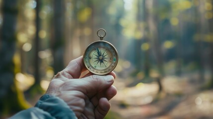 Naklejka premium Pathfinder's Resolve: Outdoor Navigation Focused on a Hand Holding a Compass Amidst the Forest's Embrace